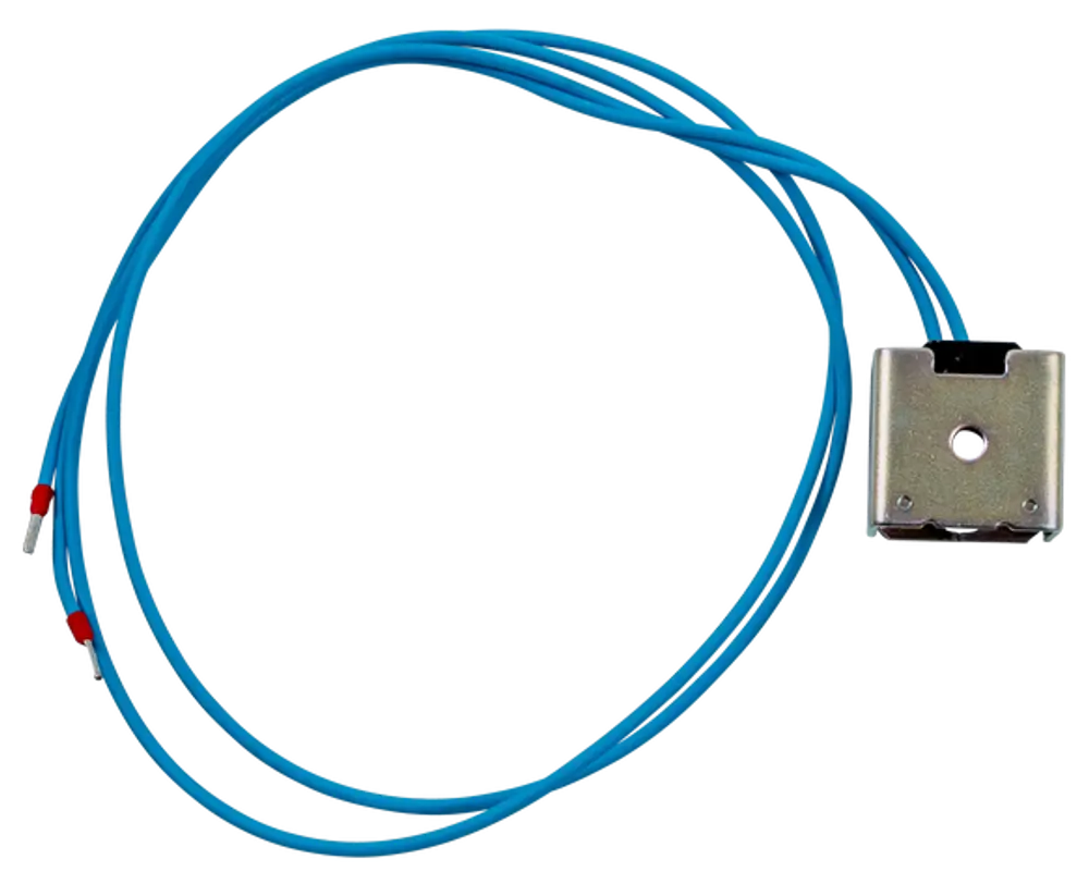 Magnetventilspule mit zwei blauen Kabeln, ausgestattet mit Steckanschlüssen. Das Produkt gehört zur Marke WOLF und wird in Heizungsanlagen verwendet.